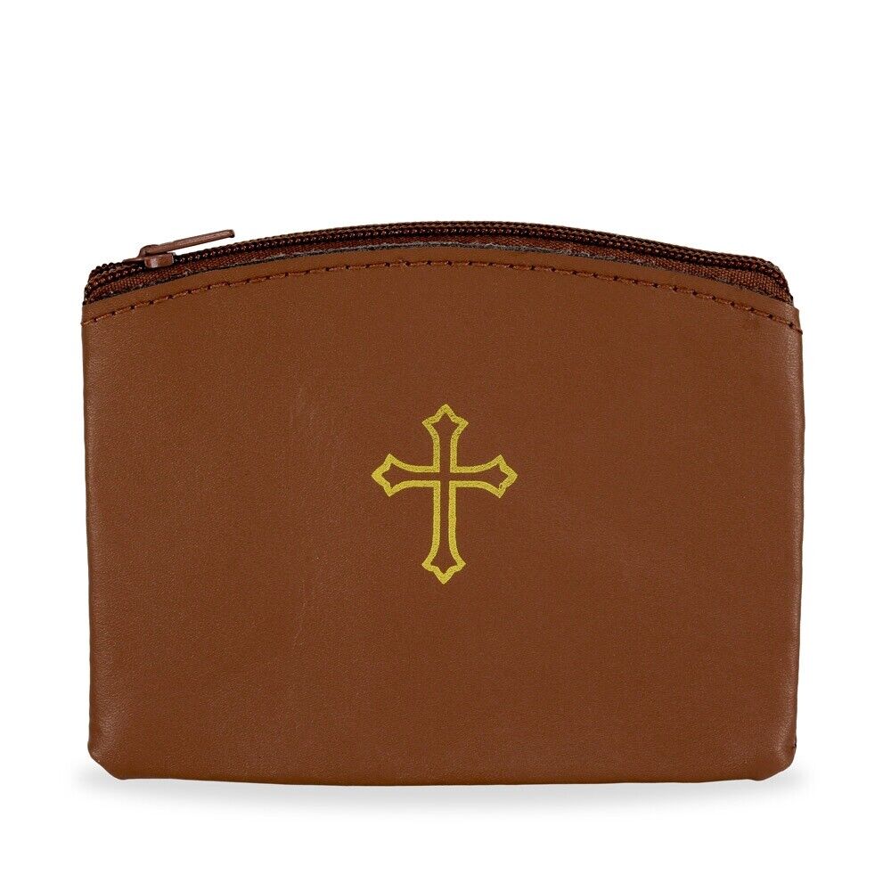 Brown Genuine Leather Zipper Rosary Pouch With Gold Cross Imprint