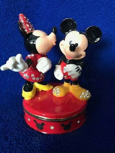 Disney Parks Arribas Mickey & Minnie Kissing Jeweled Hinged Trinket Box Read