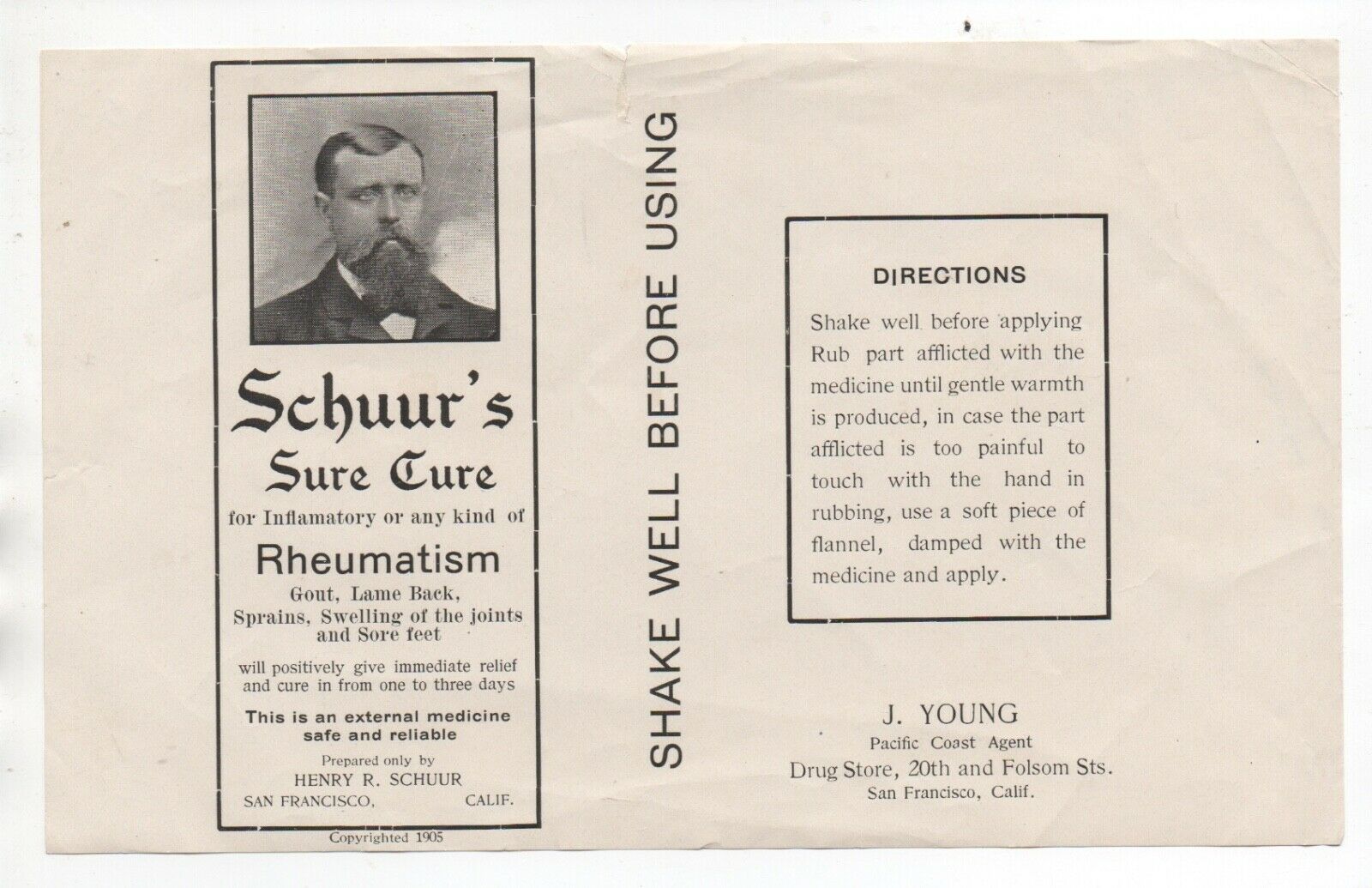 1905 Quack Medicine Label Schuss's Rheumatism Cure San Francisco Ca