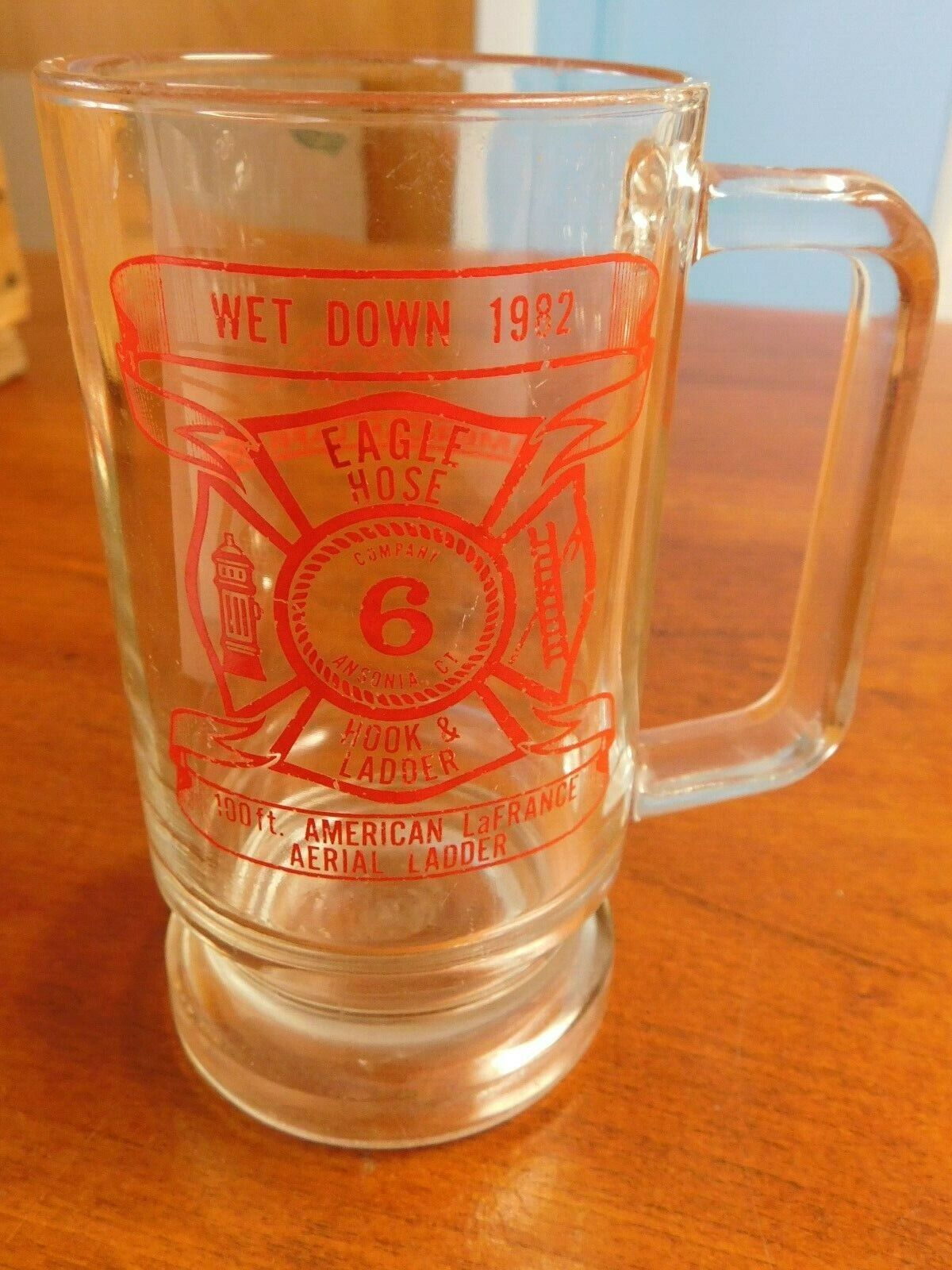 Vintage 1982 Clear Beer Mug Ansonia Ct Fire Dept Co. 6 Aerial Ladder
