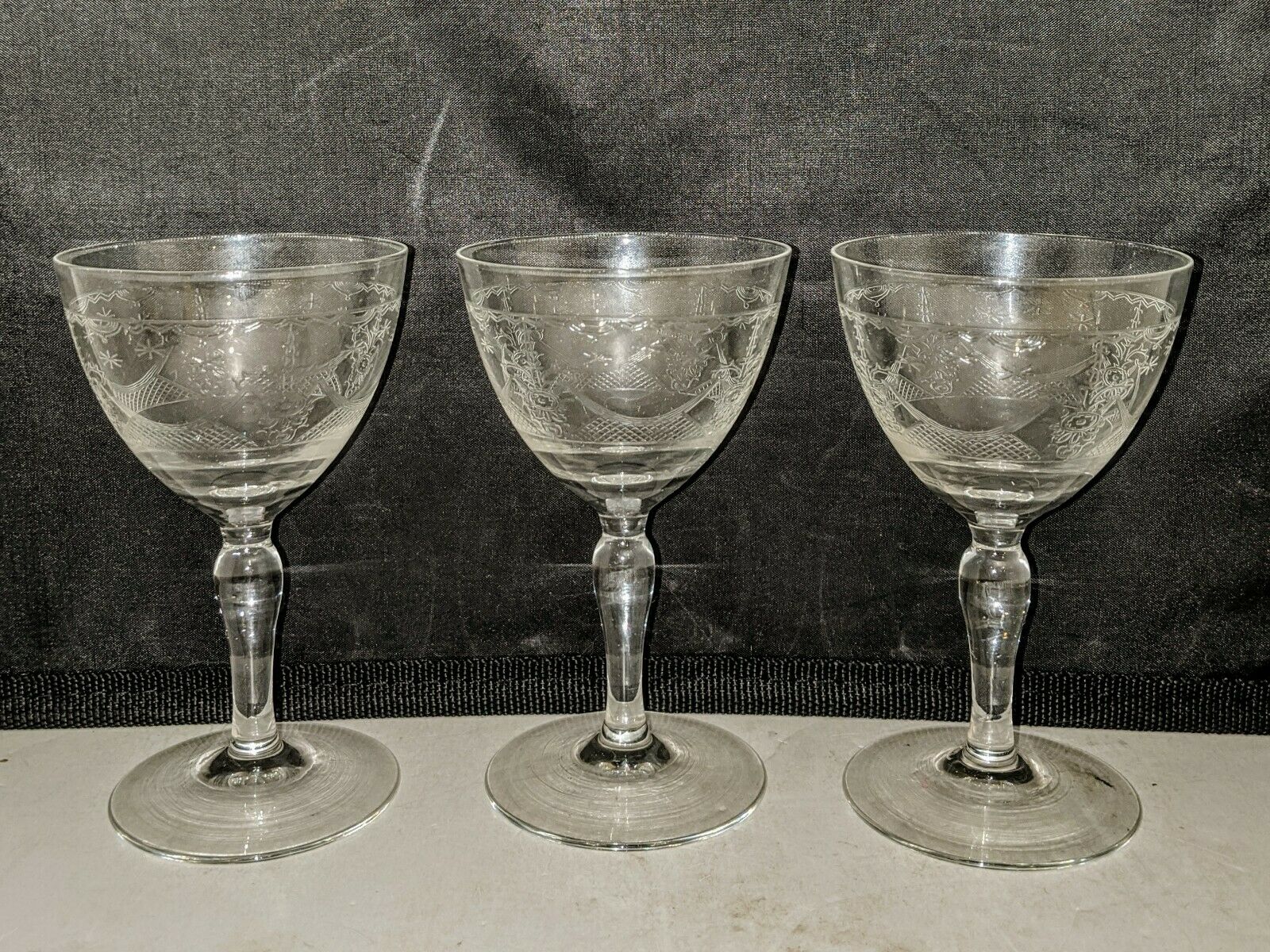 3 Set Of Victorian Hand Blown Needle Etched Shot Glass Approx 4"h Vintage