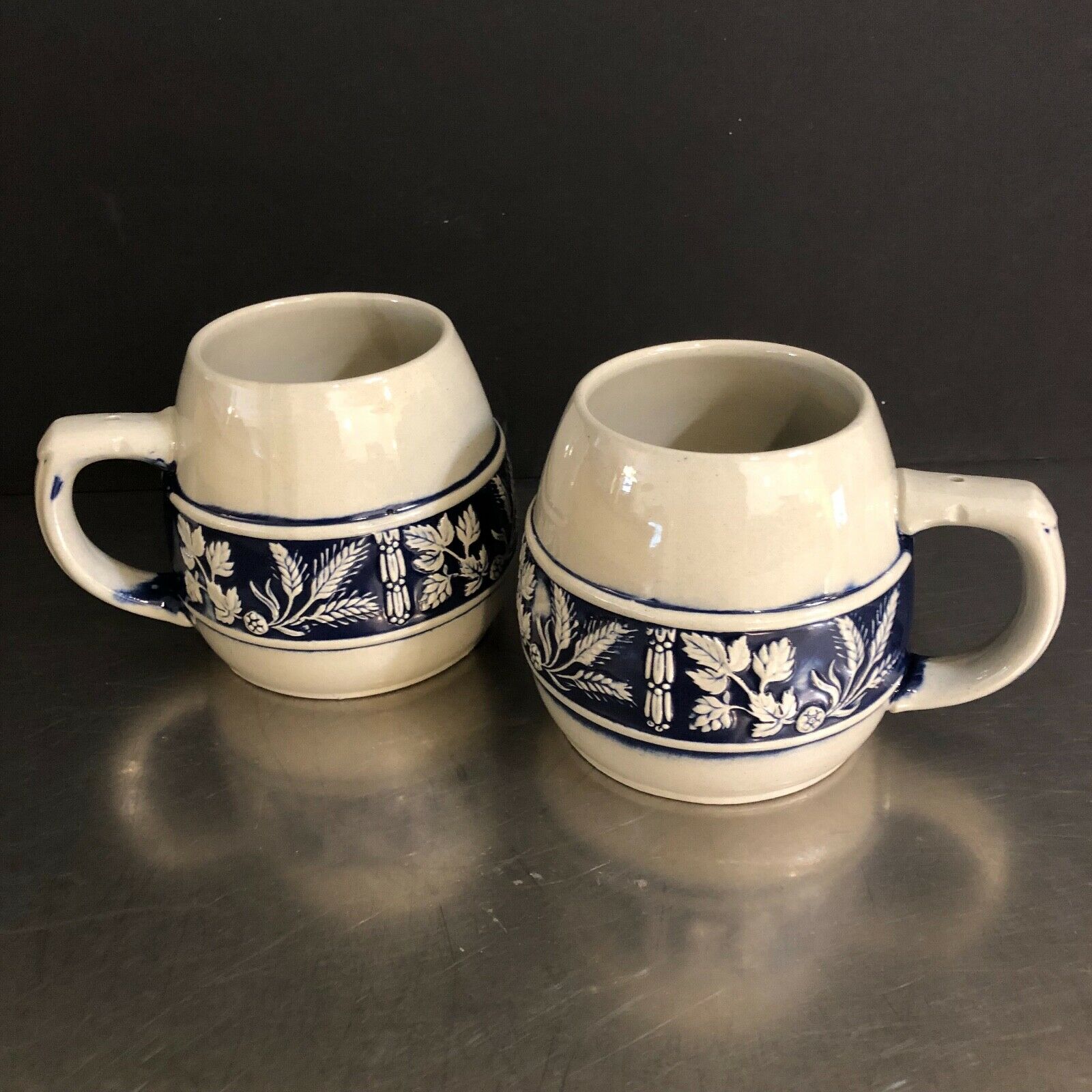 Gerz Beer Steins Mugs Set 2 Made West Germany Vintage Stoneware Gray Blue Bar