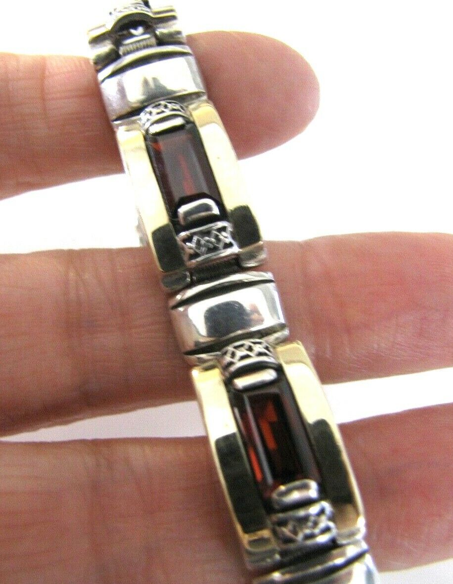 Sterling Silver Garnet Bracelet Hinged Link Panel Red Baguette Stones 37g 7.5"