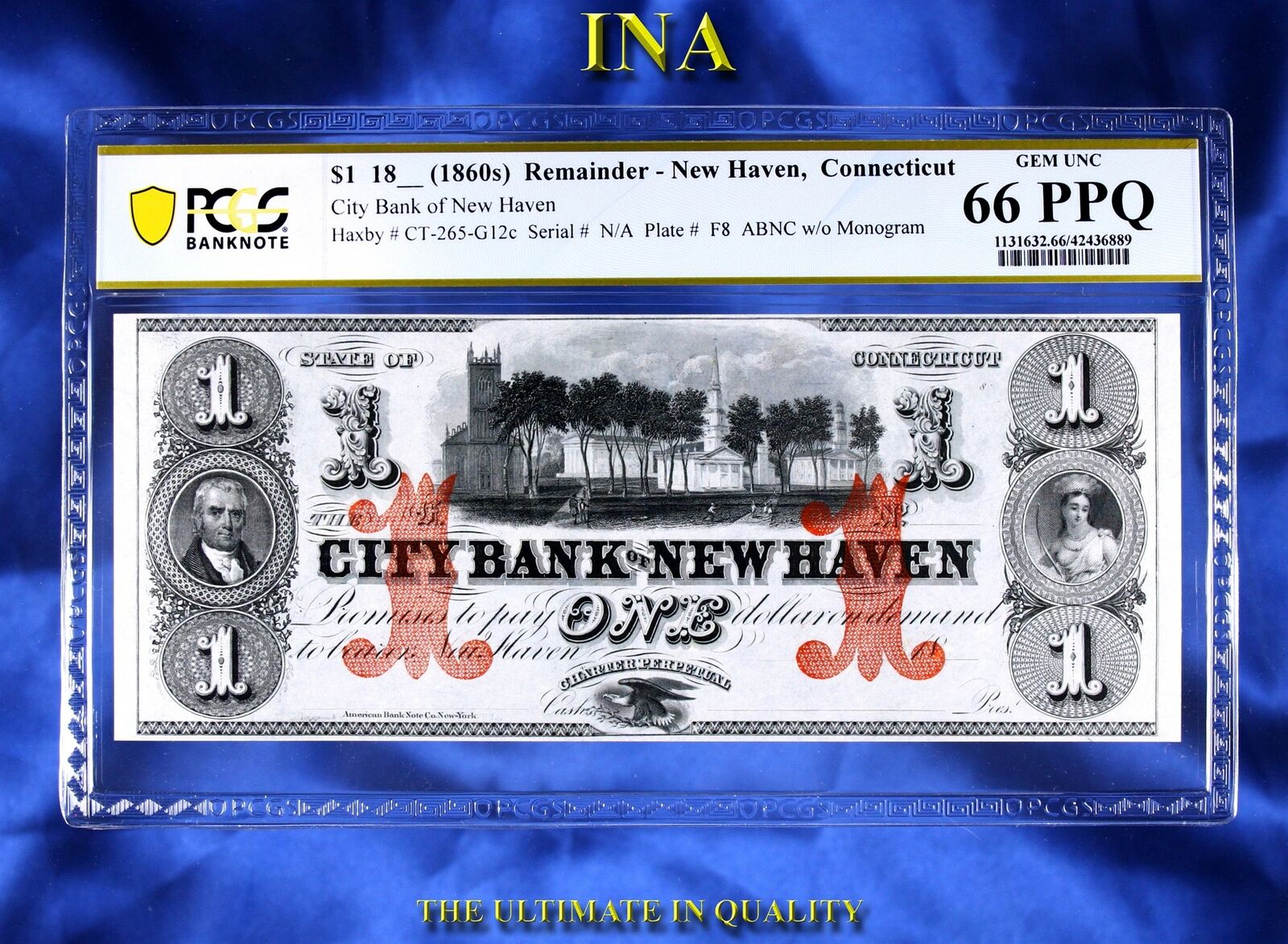 Ina Connecticut City Bank Of New Haven $1 Pcgs Gem 66 Ppq Perfect Margins Vivid