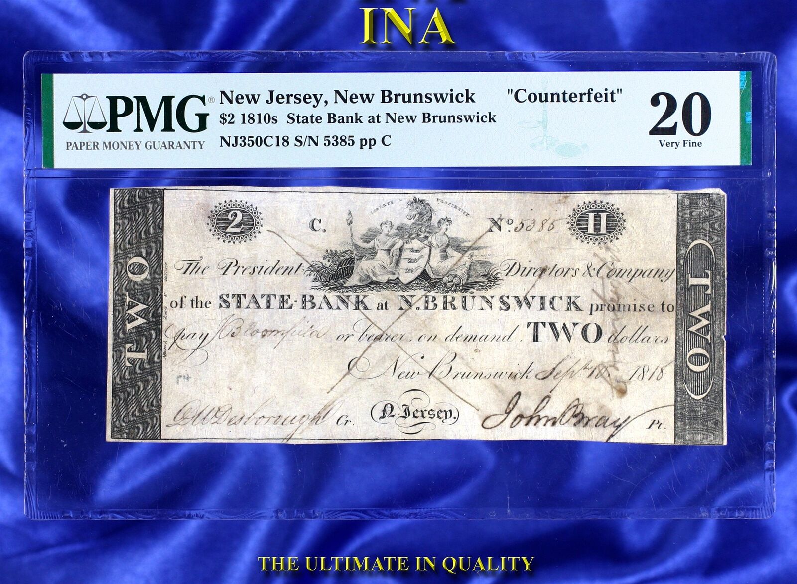 Ina New Jersey State Bank Of New Brunswick $2 Counterfeit Pmg 20 Unique Top Pop