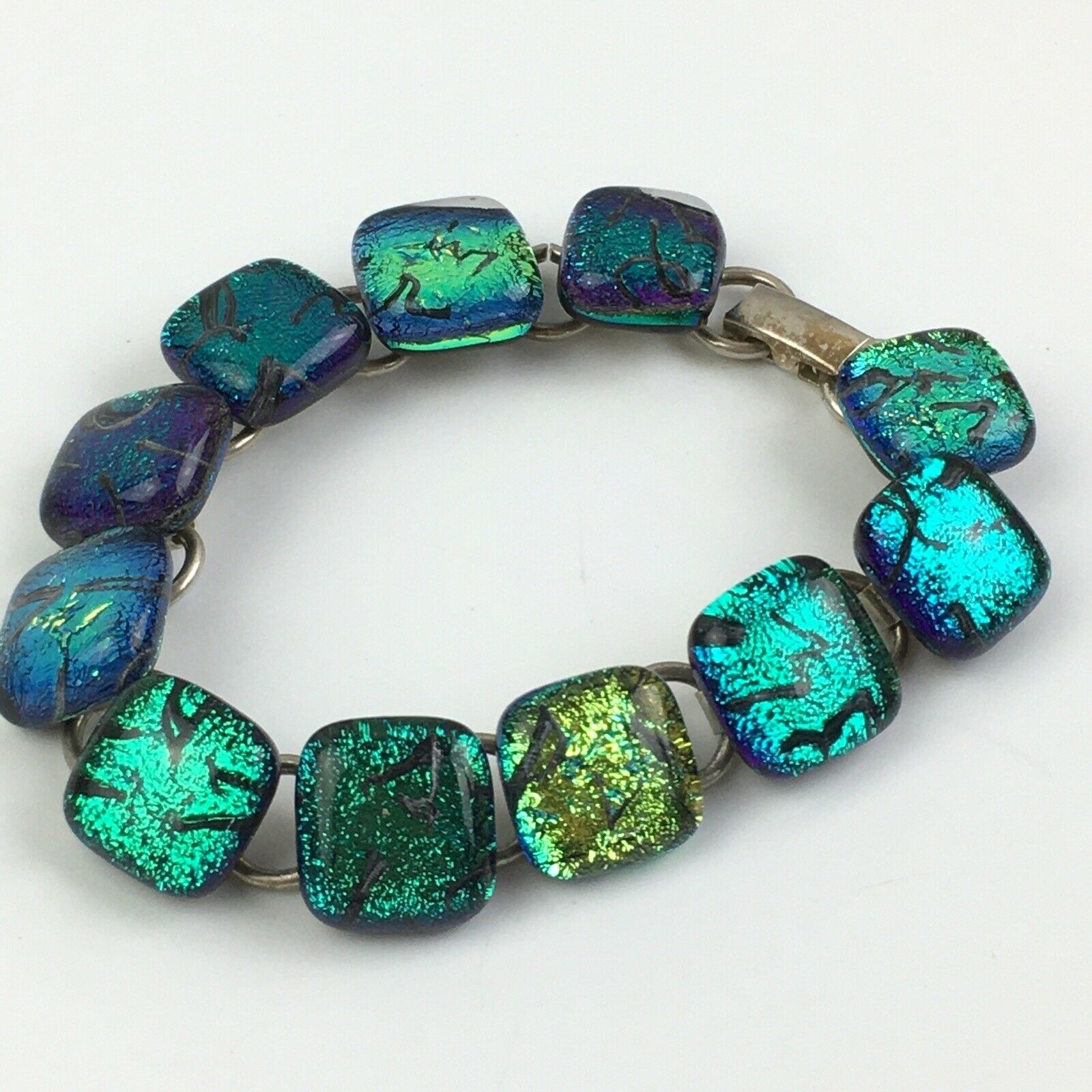 Green Blue Dichrotic Art Glass Sterling Silver Bracelet Handmade