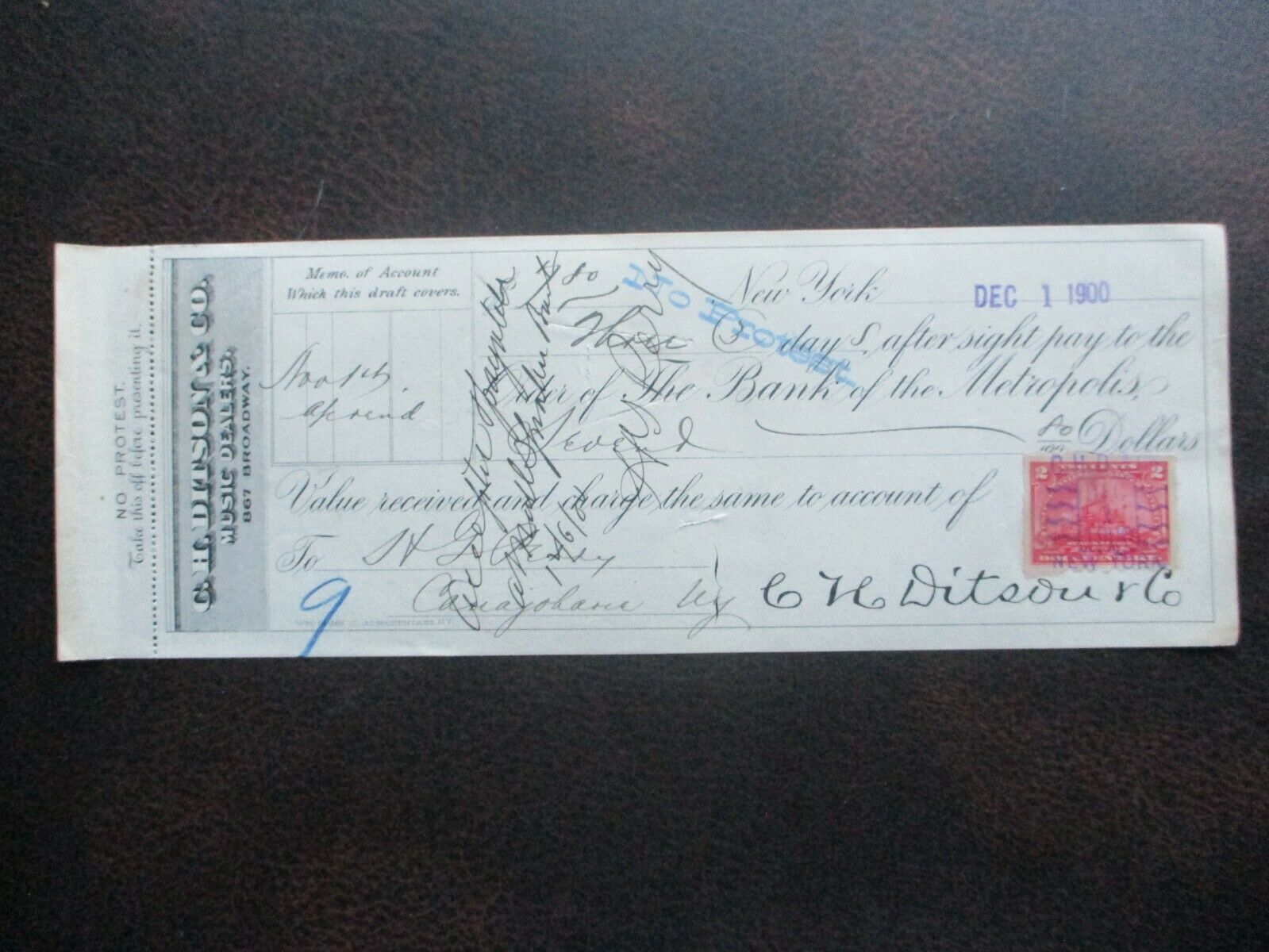 1900 C.h. Ditson & Co. (music Dealers) Stamp,n.y. Bank Check!