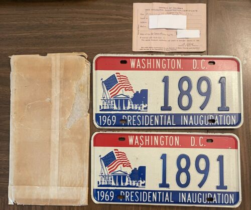 Rare 1969 Nixon Presidential Inauguration License Plate Match Set & Registration