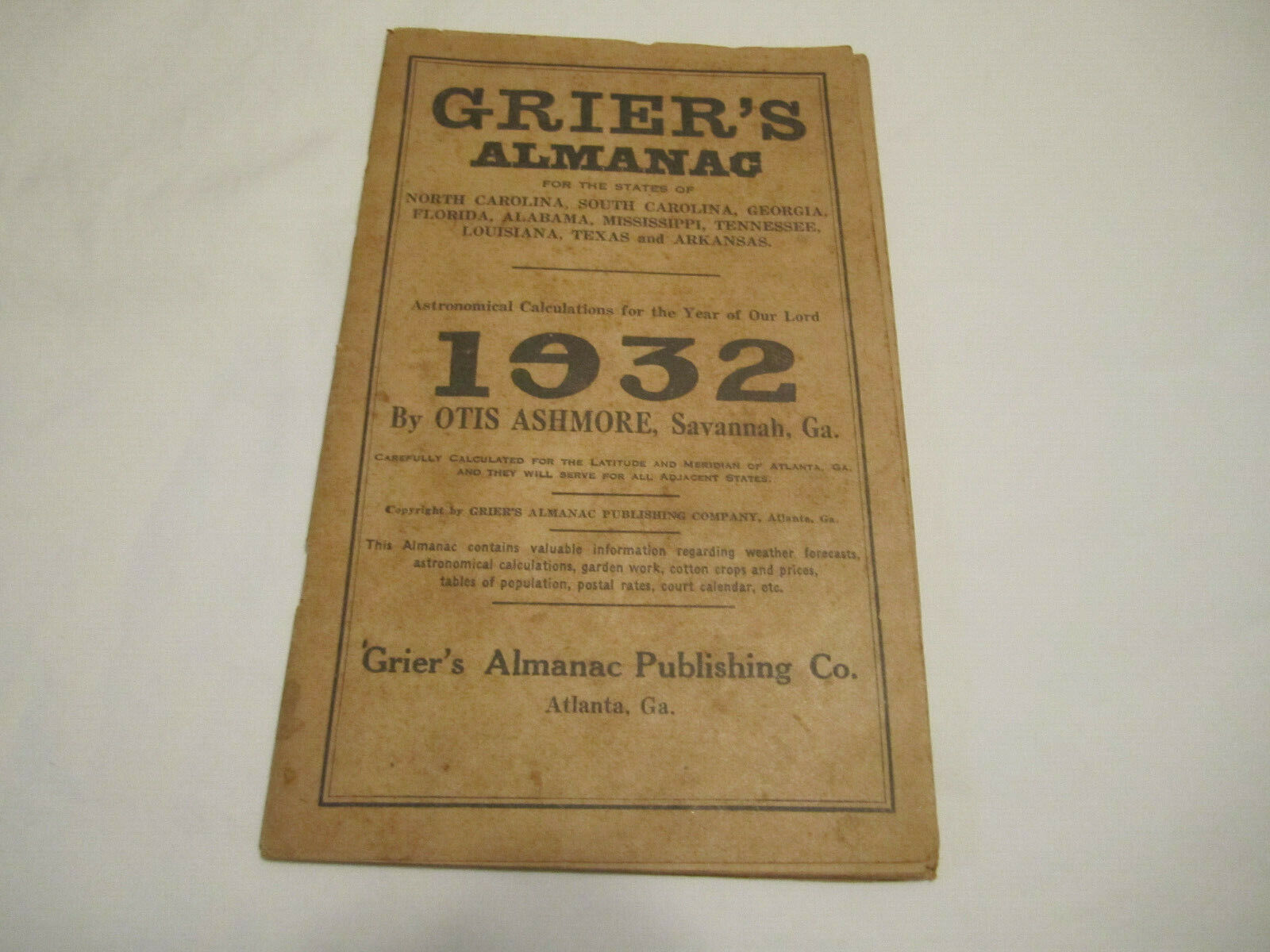 1932 Grier's Almanac For Nc Sc Ga Fl Al Ms Tn La Tx Ar Atlanta Savannah Georgia