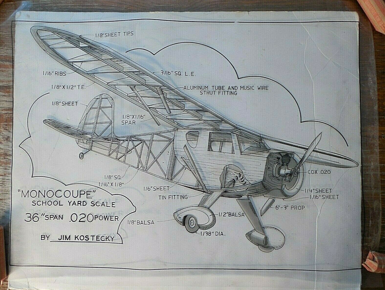 Vintage Scale Model Airplane Drawing Monocoupe Using Cox 020 Motor Exc Cond Nr