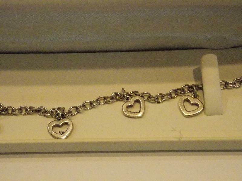 Bracelet Diamond Sterling Silver 5 Hearts Charm Rollo 1 Diamond 11.6g True Love