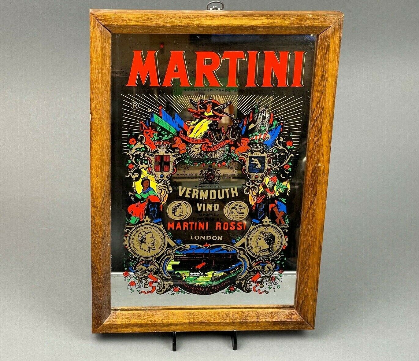 Vintage Martini Vermouth Vino Martini & Rossi Mirror 9x13 Wood Frame, England