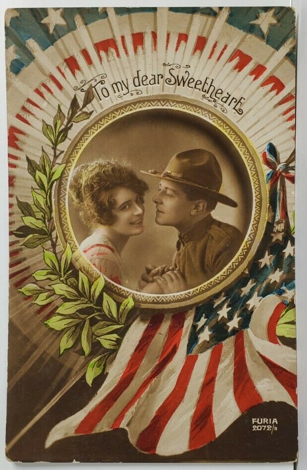 Usa Ww1 Handsome Soldier With His Sweetheart Patriotic Postcard Q18