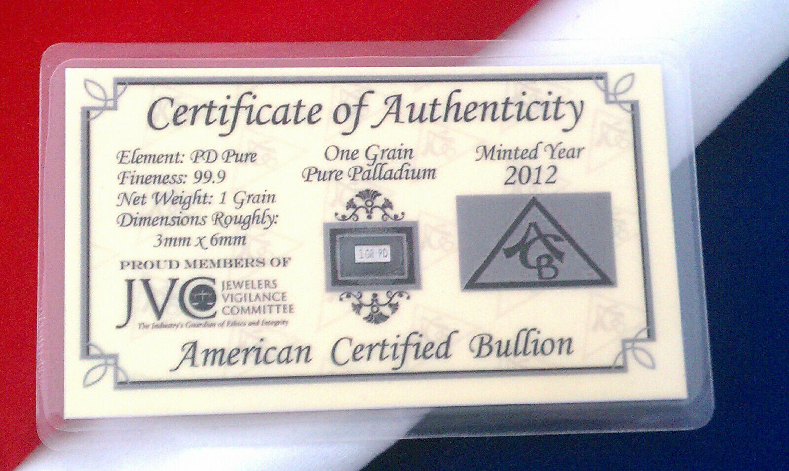 Acb Solid Palladium Bar Bullion Minted 1grain 999 Pure With Certificate|....