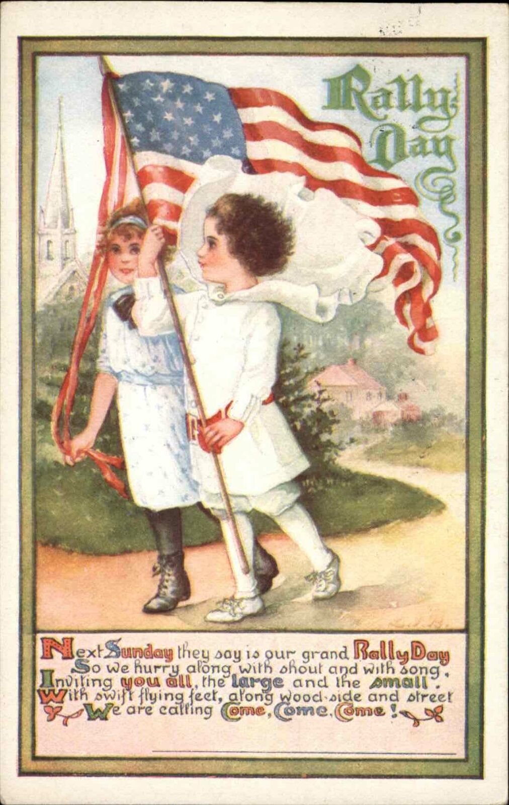 Rally Day Sunday School Kids W/ American Flags 1914 Used Postcard