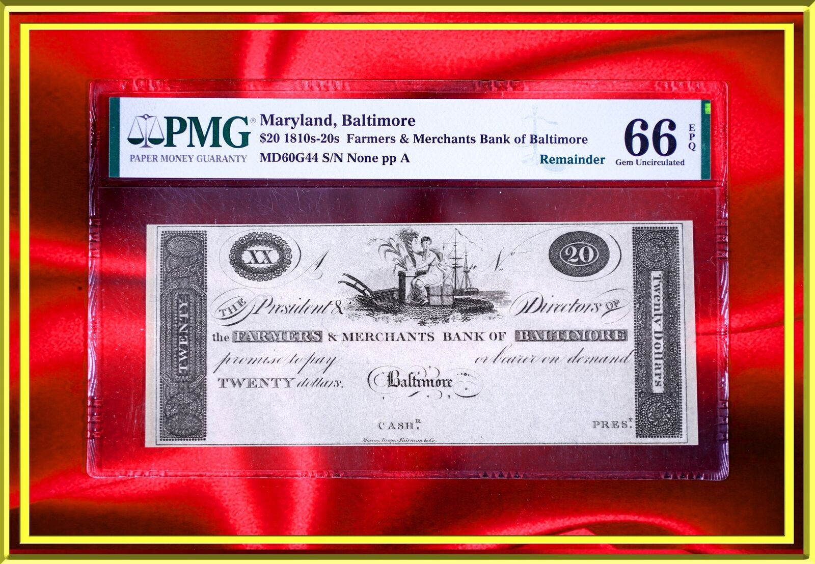 Ina Farmers & Merchants Bank Of Baltimore $20 Obsolete Note Currency Pmg 66 Epq