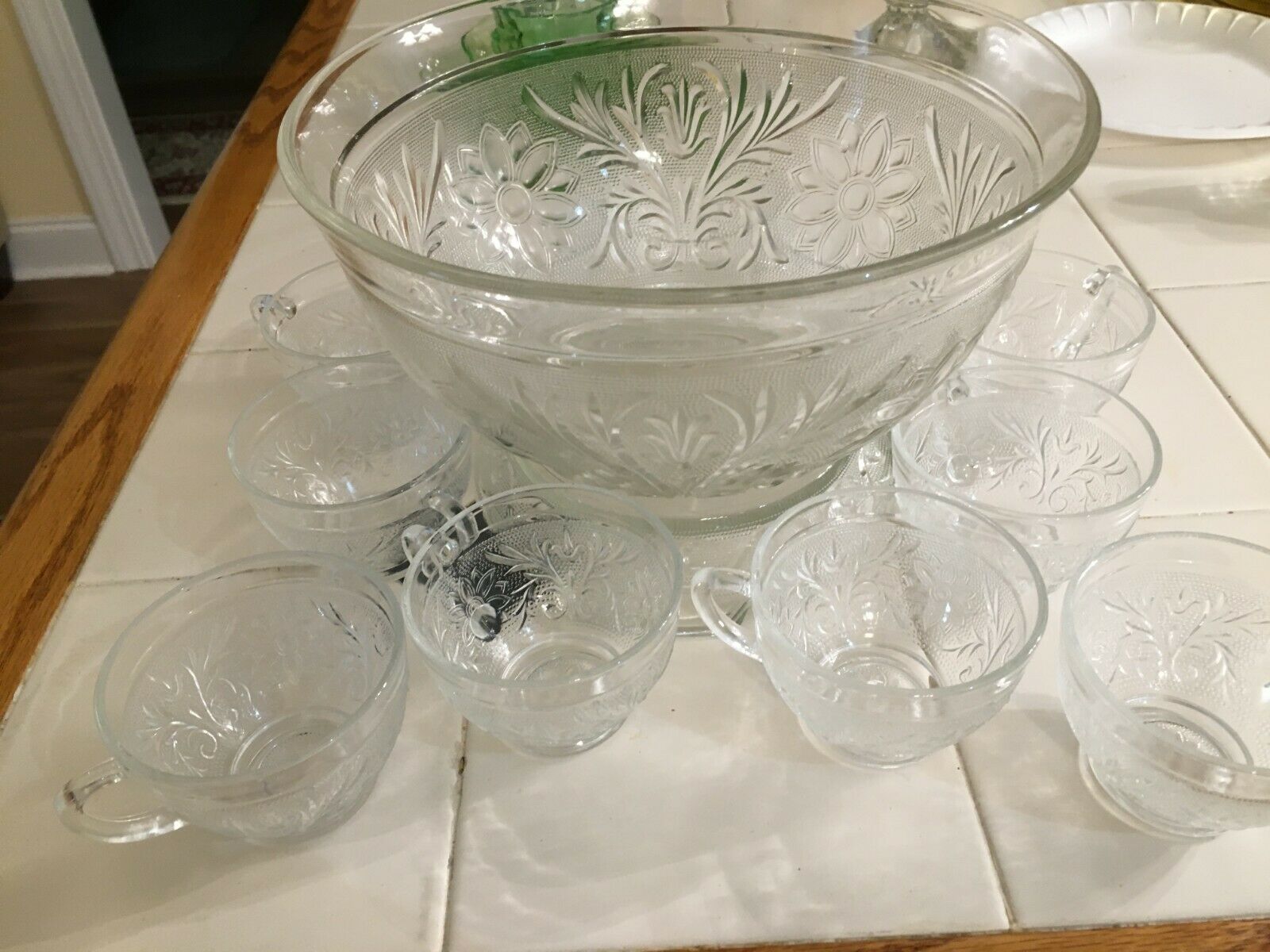 Anchor Hocking Clear Sandwich Glass Punch Bowl 11 Cup&base