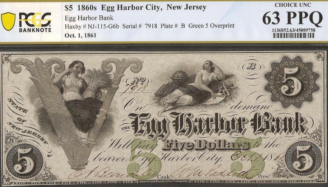 1861 $5 Egg Harbor City Bank Note New Jersey Large Paper Money Pcgs 63 Ppq