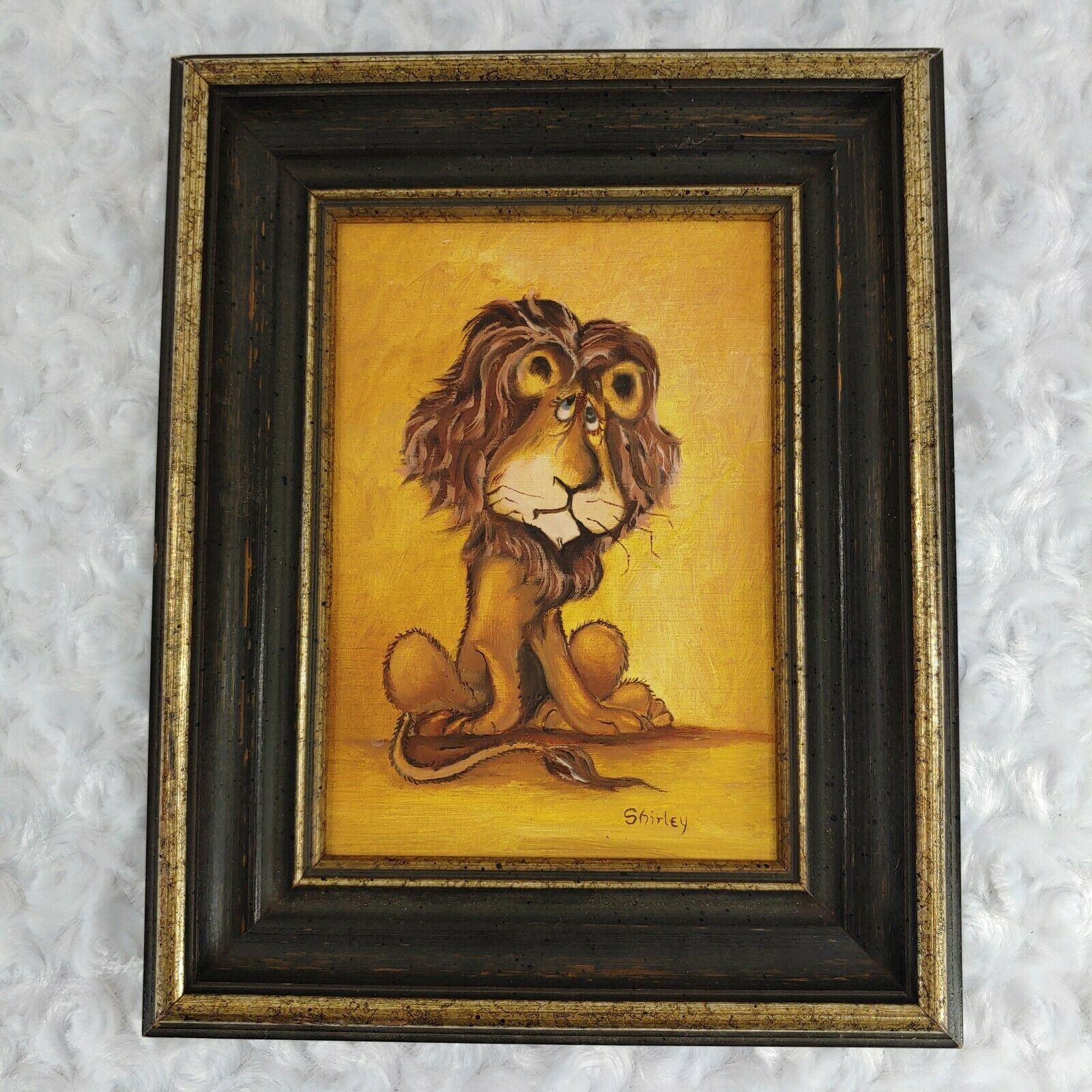 Vintage Bashful Sheepish Lion Painting Signed By Artist Childrens Baby Nursery