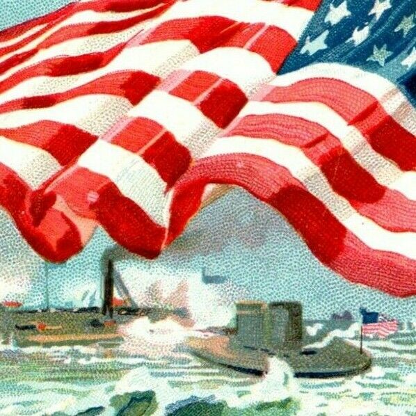 Vintage Postcard Tucks Decoration Day Old Glory Flying Over Iron Clad Warships