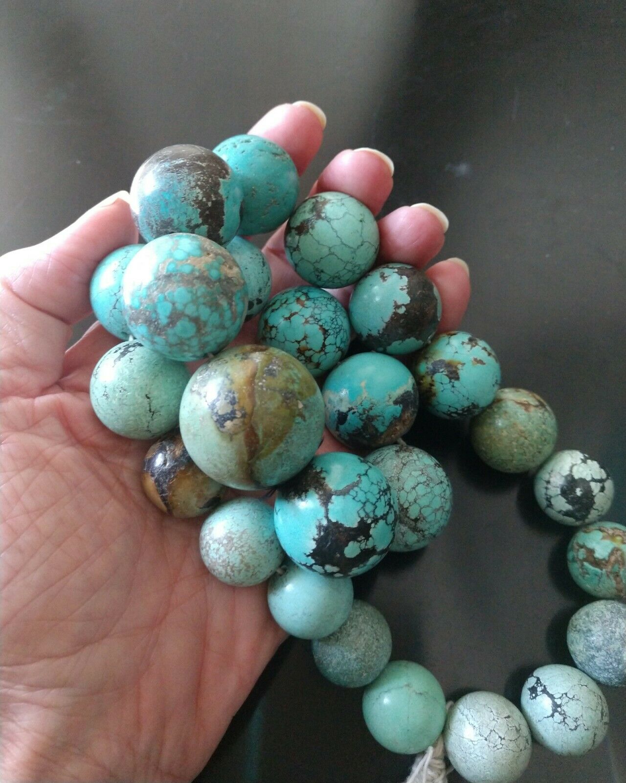 Antique Chinese Huge Turquoise Carved Beads Natural 22" 252g Qing Graduated