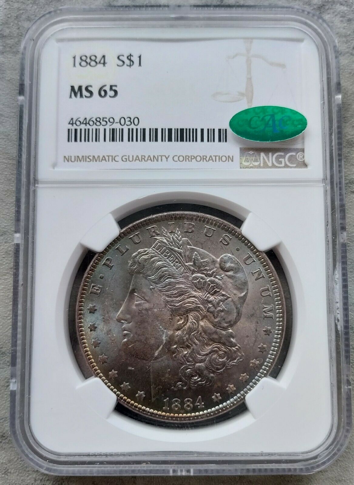1884 P Morgan Silver Dollar Ngc Ms65 Cac Gorgeous Blue/purple Toning.