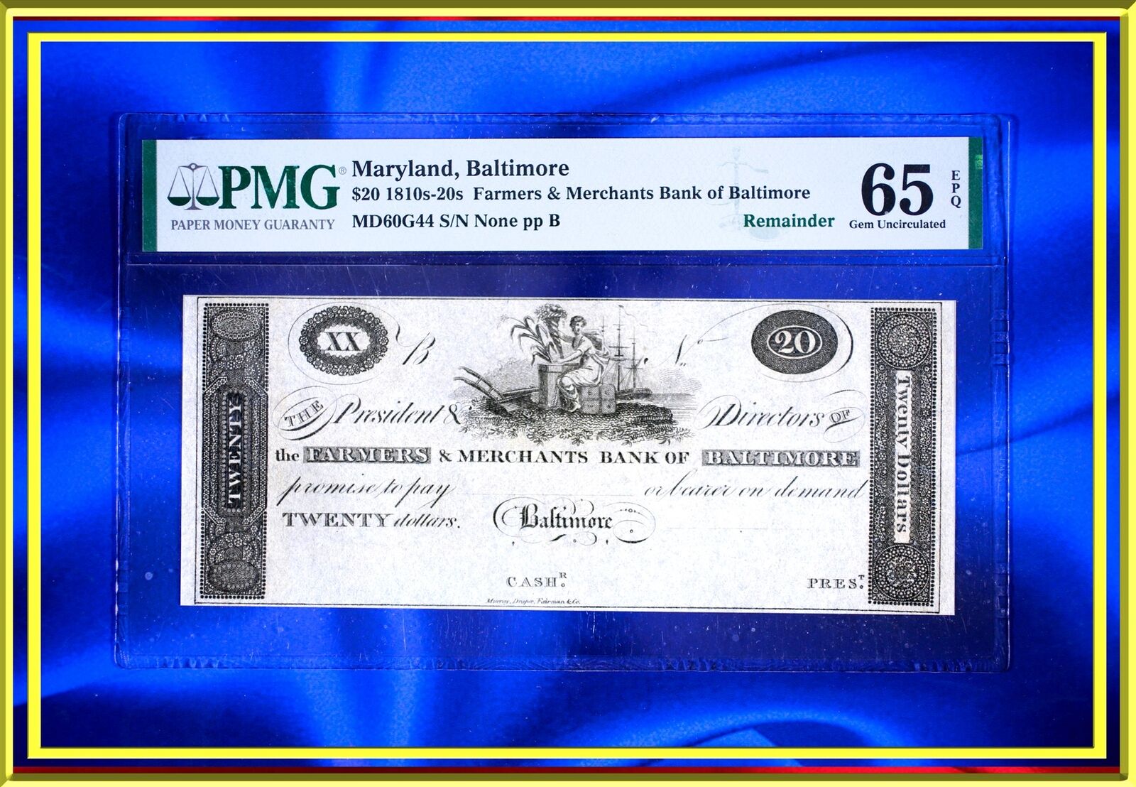 Ina Maryland Farmers & Merchants Bank Of Baltimore $20 Us Obsolete Pmg 65 Epq