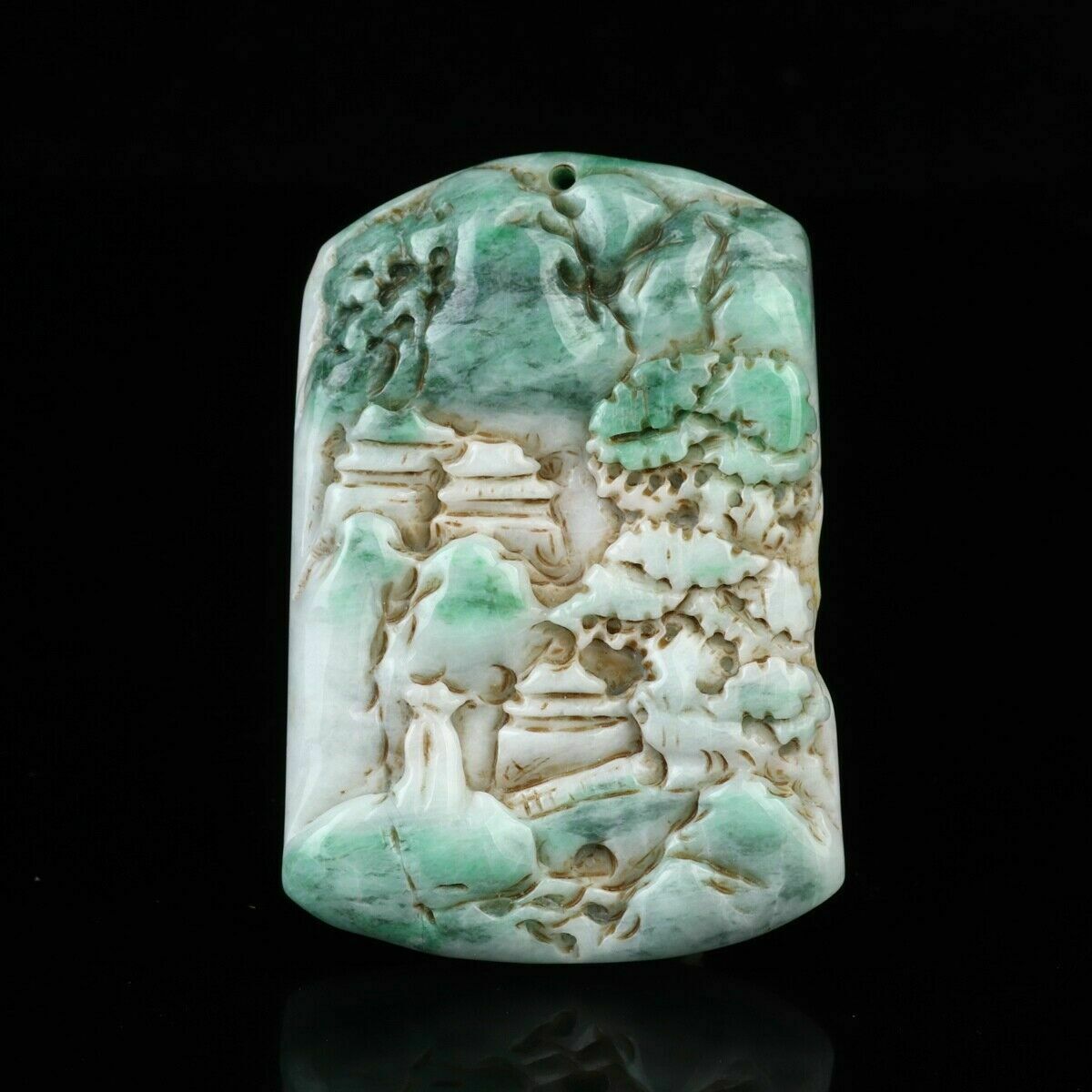 Chinese Exquisite Handmade Landscape Carving Jadeite Jade Pendant