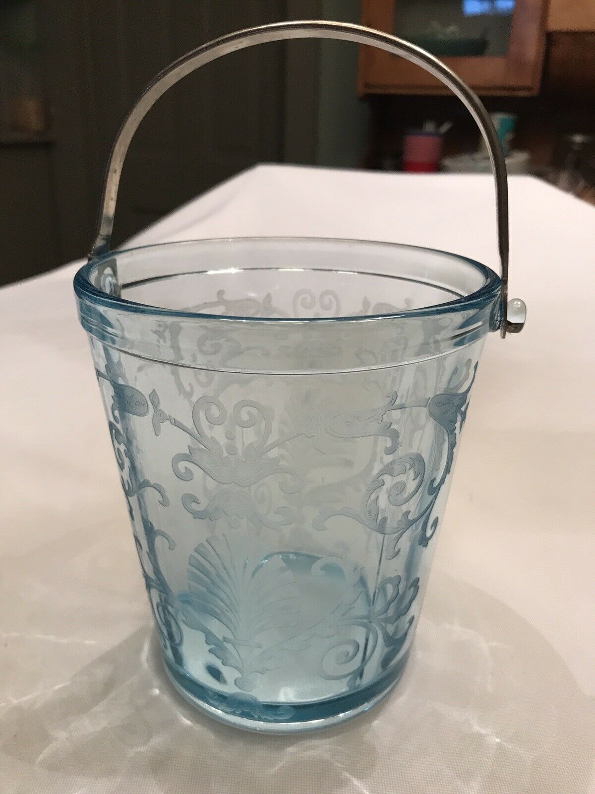 6" Tall Vintage Fostoria "versailles Blue" Ice Bucket W/chrome Handle Nice