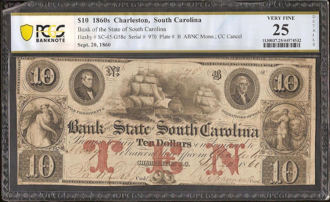 1860 $10 Dollar Bill South Carolina Bank Note Large Big Paper Money Pcgs 25