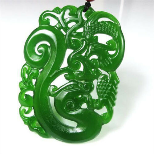 China Hand-carved Green Jade 龙凤呈祥 Dragon Phoenix Pendant Necklace Amulet