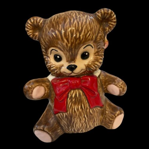 Vintage Brown Teddy Bear With Red Bow Bank