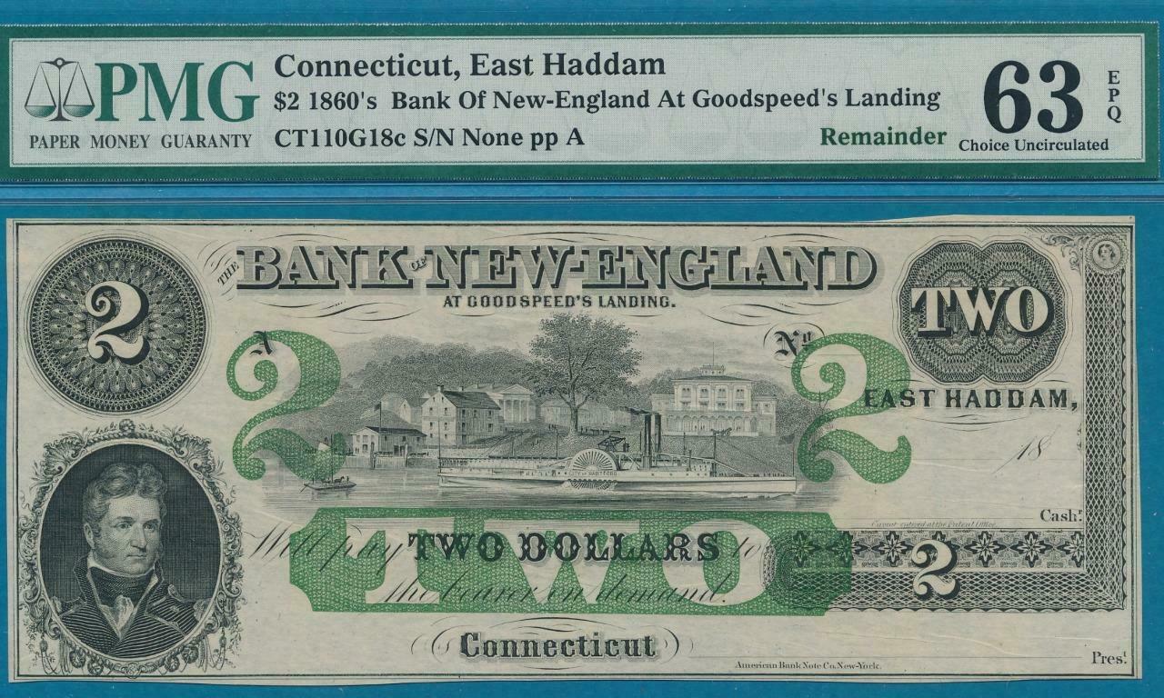 $2.00 18_ Bank Of New England At Goodspeed's Landing Remainder Pmg  63epq