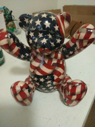 Piggy Bank, Ceramic Coin Teddy Bear Wrapped In American Flag Colors, Really Cute